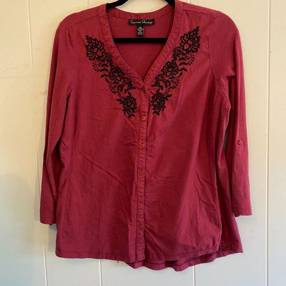 French Laundry Boho Embroider 100% Cotton V-Neck Button Down Womens Top Size L - Picture 1 of 4